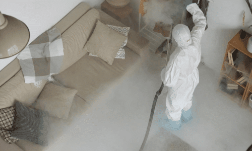 un'addetto sta effettuando la sanificazione post mortem su un divano beje